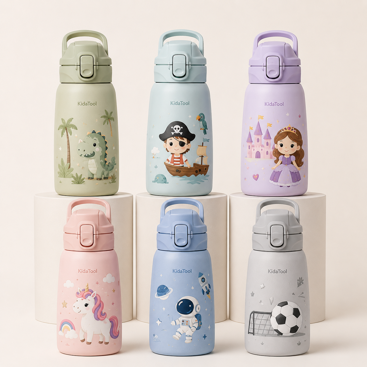 KidaBottle — univers Dino, Pirate, Princesse, Licorne, Cosmonaute et Foot, visuel de personnalisation non contractuel