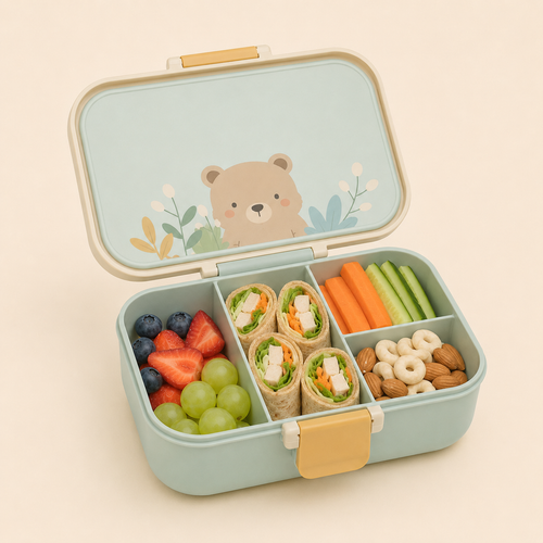 KidaBox ouverte avec compartiments et repas enfant