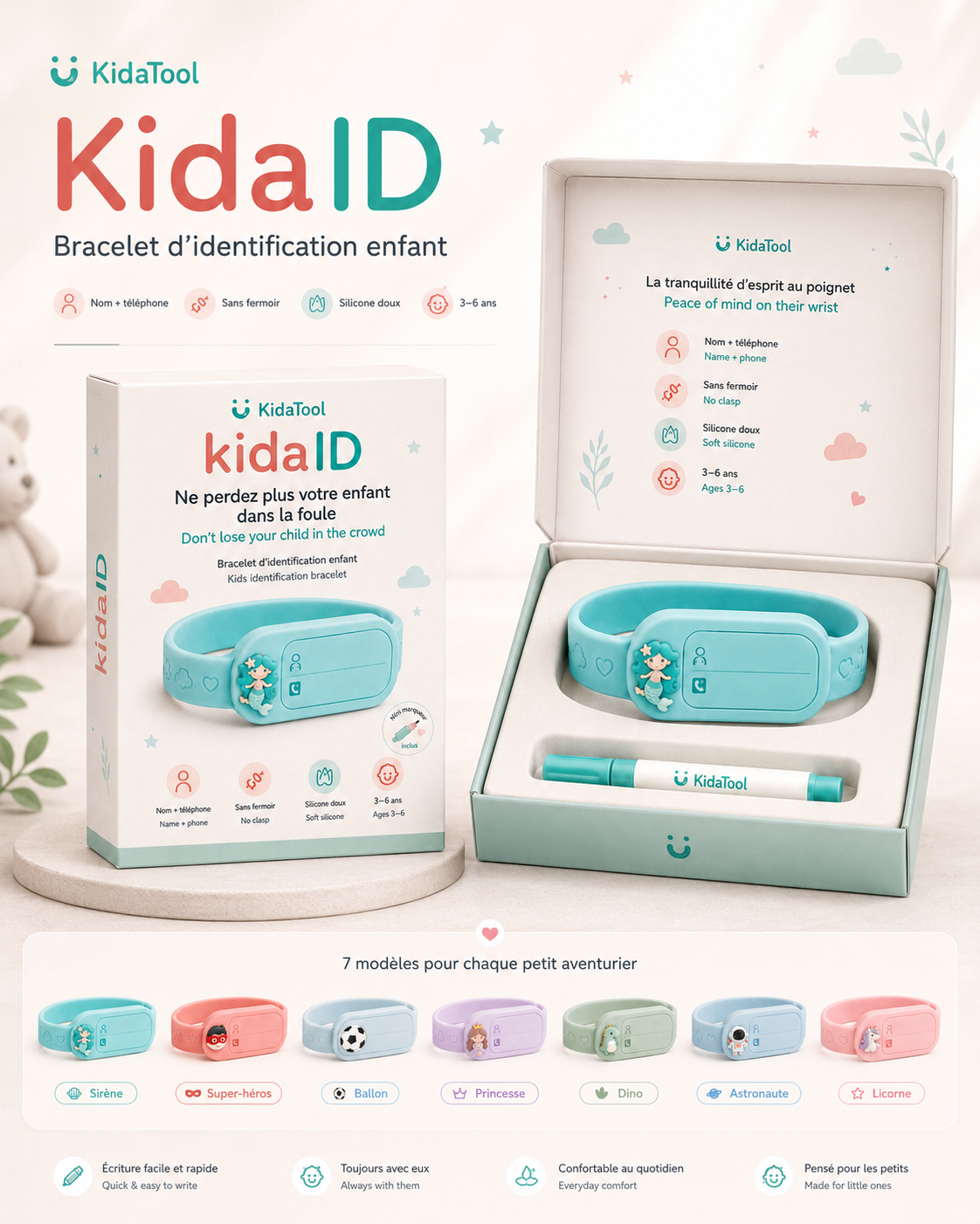 KidaID par KidaTool, bracelet d’identification enfant avec nom et téléphone