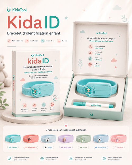 KidaID par KidaTool, bracelet d’identification enfant avec nom et téléphone