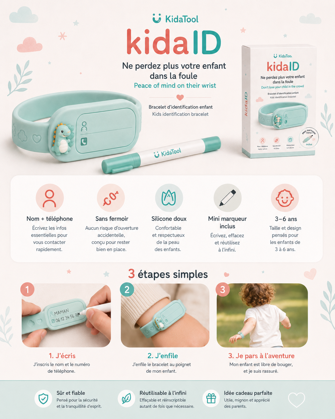 Avantages du bracelet KidaID : nom et téléphone, silicone doux, sans fermoir, mini marqueur inclus