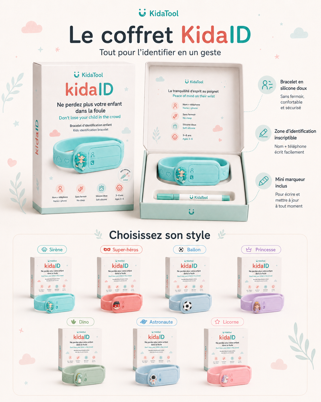 Coffret KidaID avec bracelet, mini marqueur et 7 styles disponibles