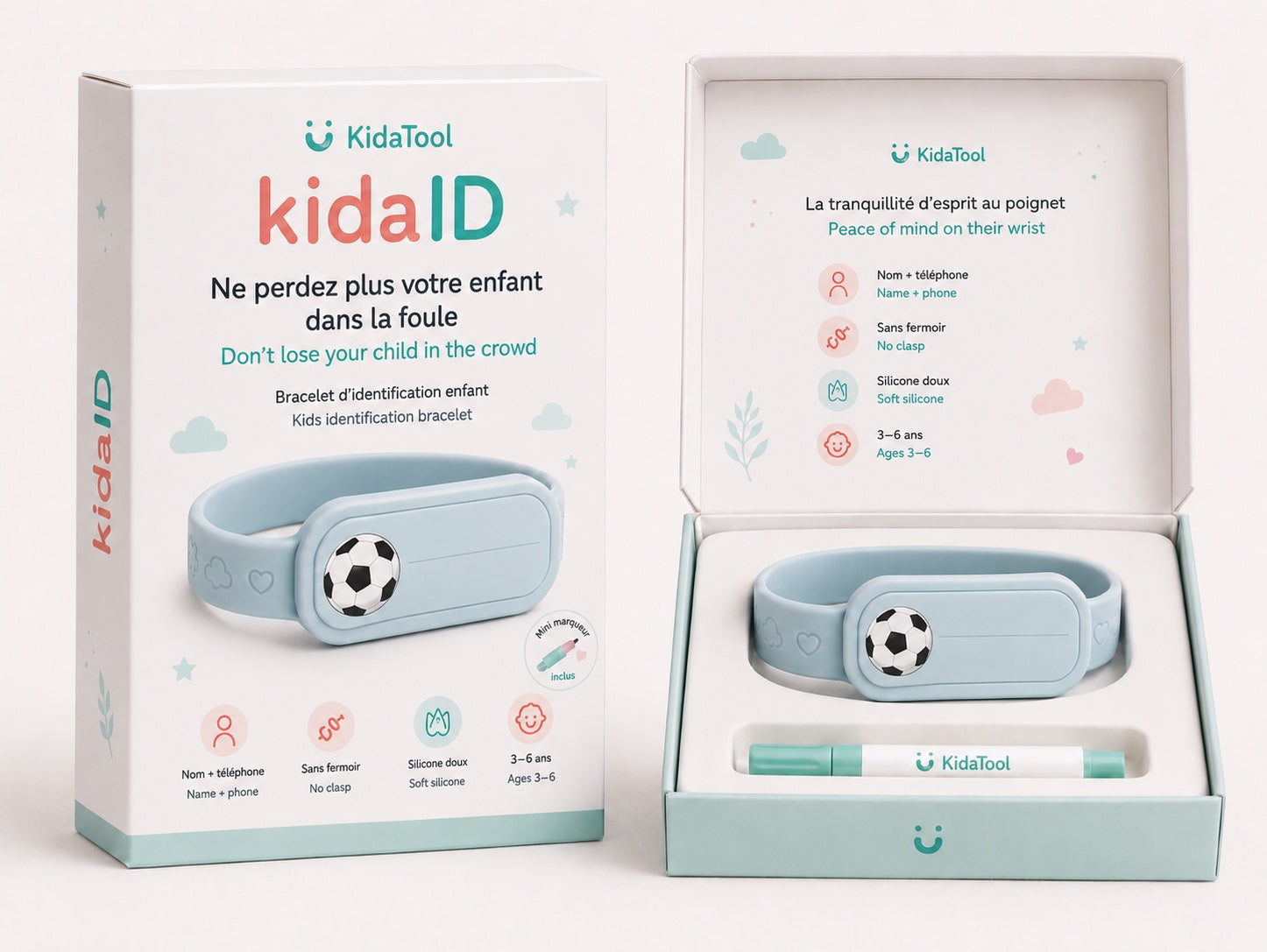 KidaID Ballon bleu, bracelet d’identification enfant KidaTool