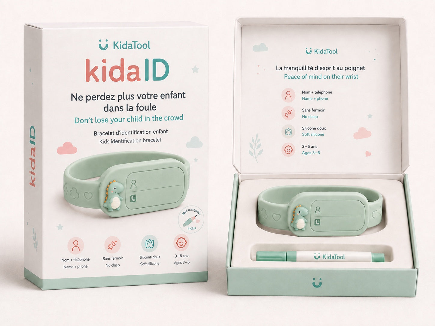 KidaID Dino vert, bracelet d’identification enfant KidaTool