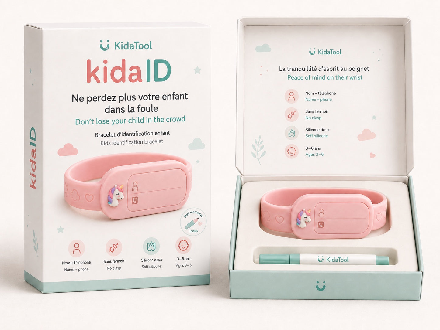 KidaID Licorne rose, bracelet d’identification enfant KidaTool