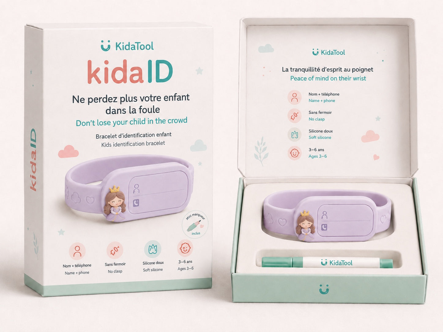 KidaID Princesse violet, bracelet d’identification enfant KidaTool