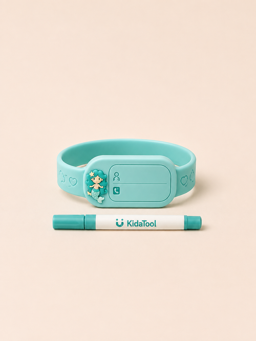 KidaID bracelet d’identification Sirène turquoise sur fond beige