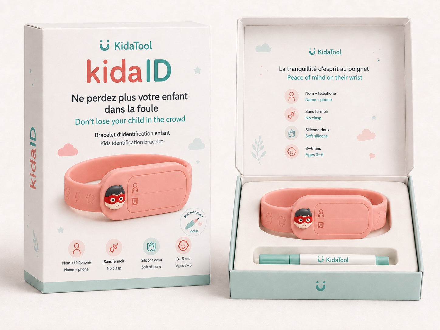 KidaID Super-héros corail, bracelet d’identification enfant KidaTool