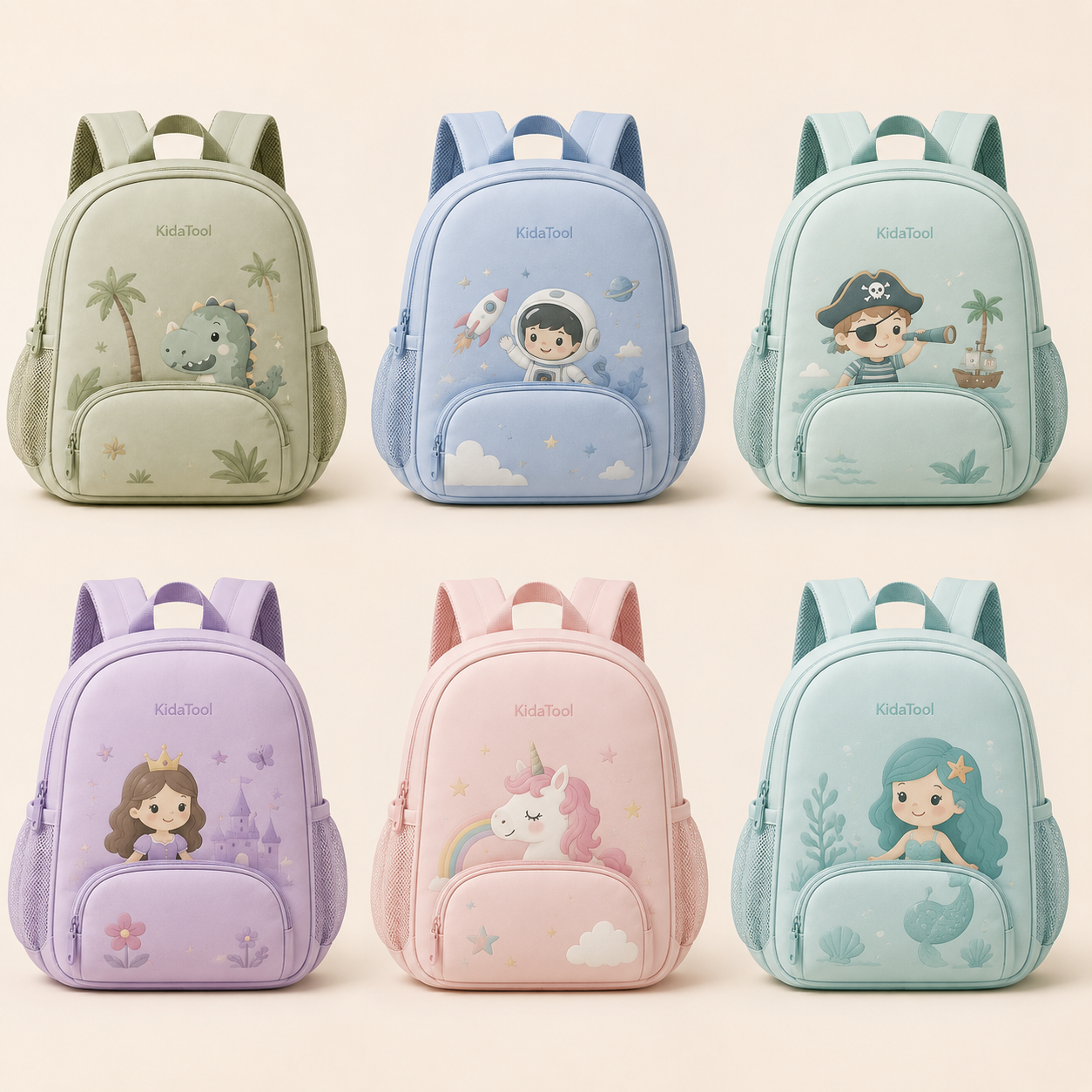 Collection KidaPack six modèles Dino Cosmonaute Pirate Princesse Licorne Sirène
