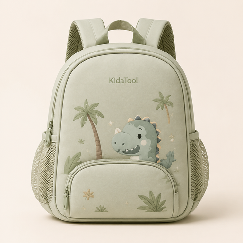 KidaPack Dino vert sauge sur fond beige