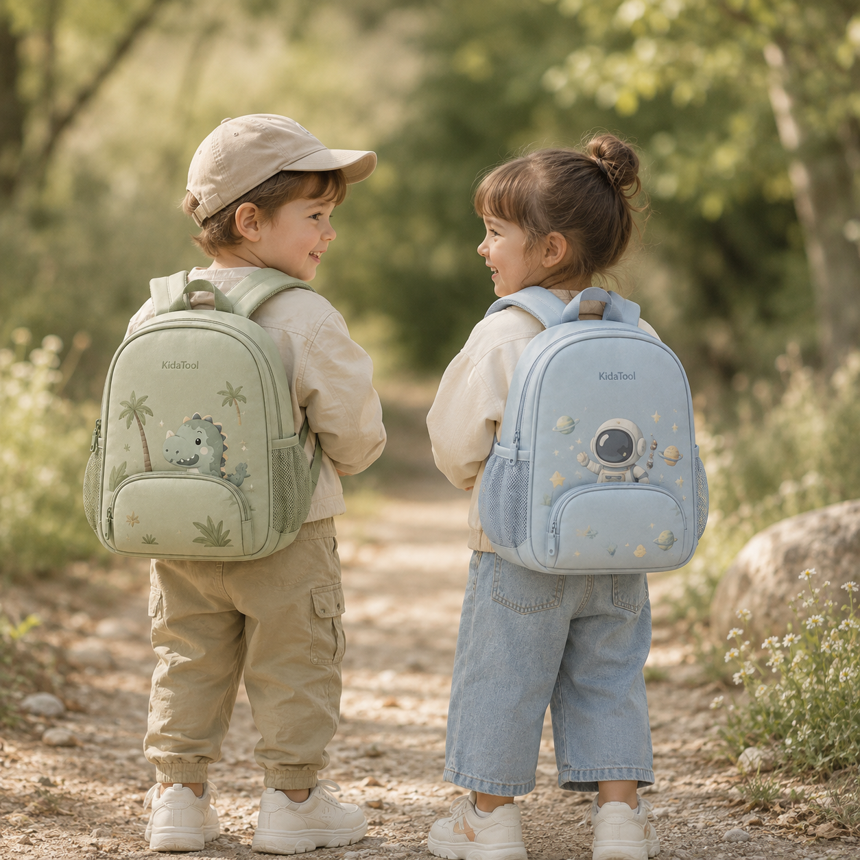 Enfants portant les KidaPack Dino et Cosmonaute en balade
