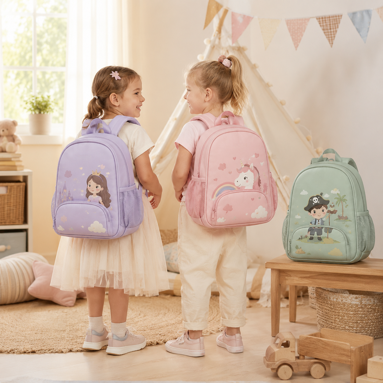 Enfants avec les KidaPack Princesse et Licorne, modèle Pirate présenté à côté