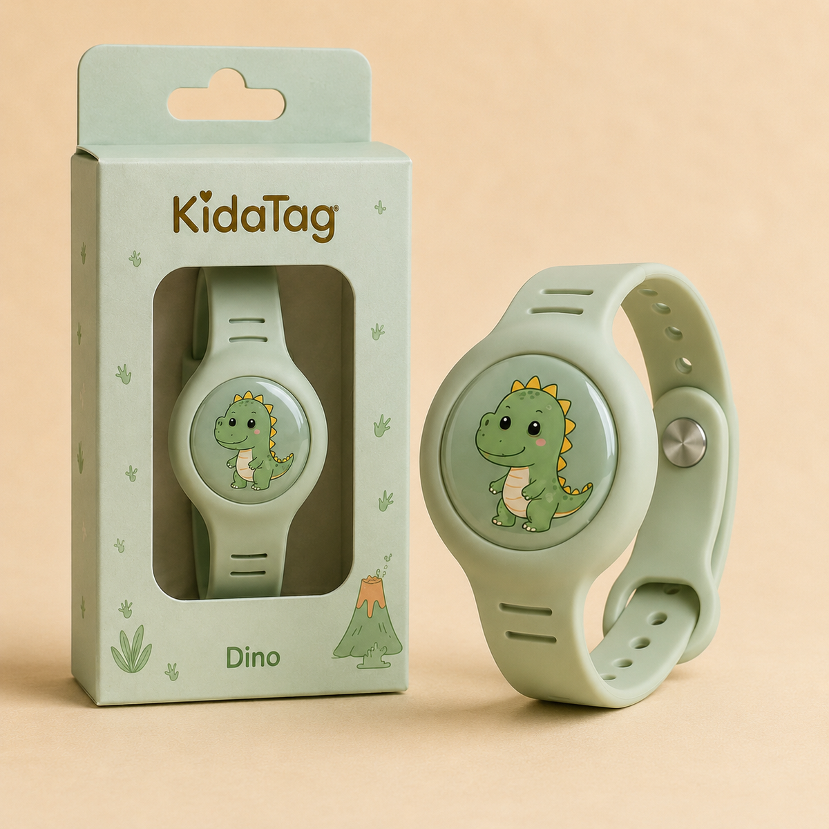 KidaTag Dino vert pastel avec fermeture enfant et boîte de présentation