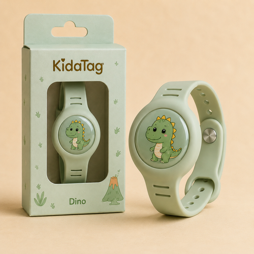 KidaTag Dino vert pastel avec fermeture enfant et boîte de présentation