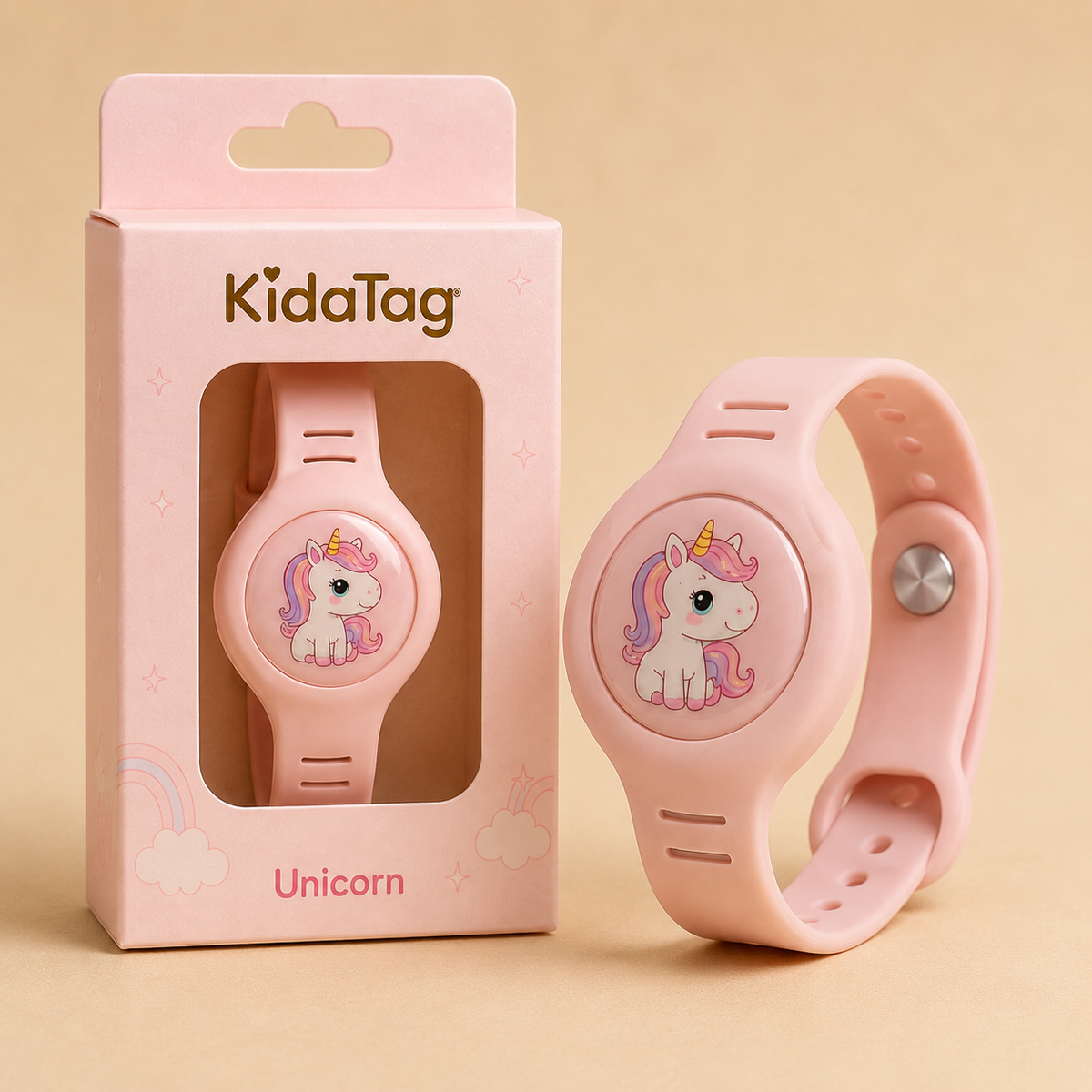 KidaTag Licorne rose pastel avec fermeture enfant et sticker dôme