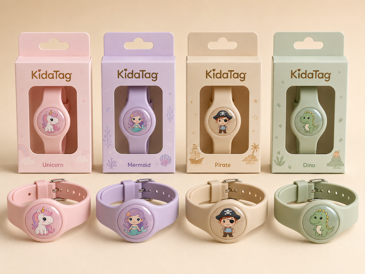 Nouvelle gamme KidaTag : Licorne rose, Sirène lilas, Pirate beige et Dino vert avec leurs boîtes
