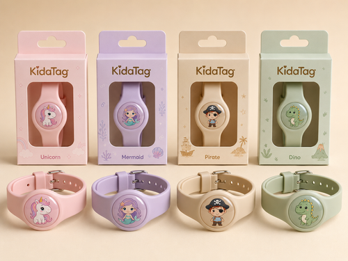 Nouvelle gamme KidaTag : Licorne rose, Sirène lilas, Pirate beige et Dino vert avec leurs boîtes