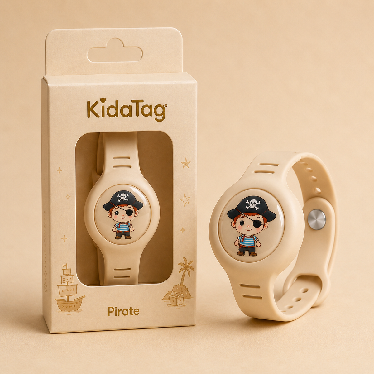KidaTag Pirate beige avec fermeture enfant et sticker dôme