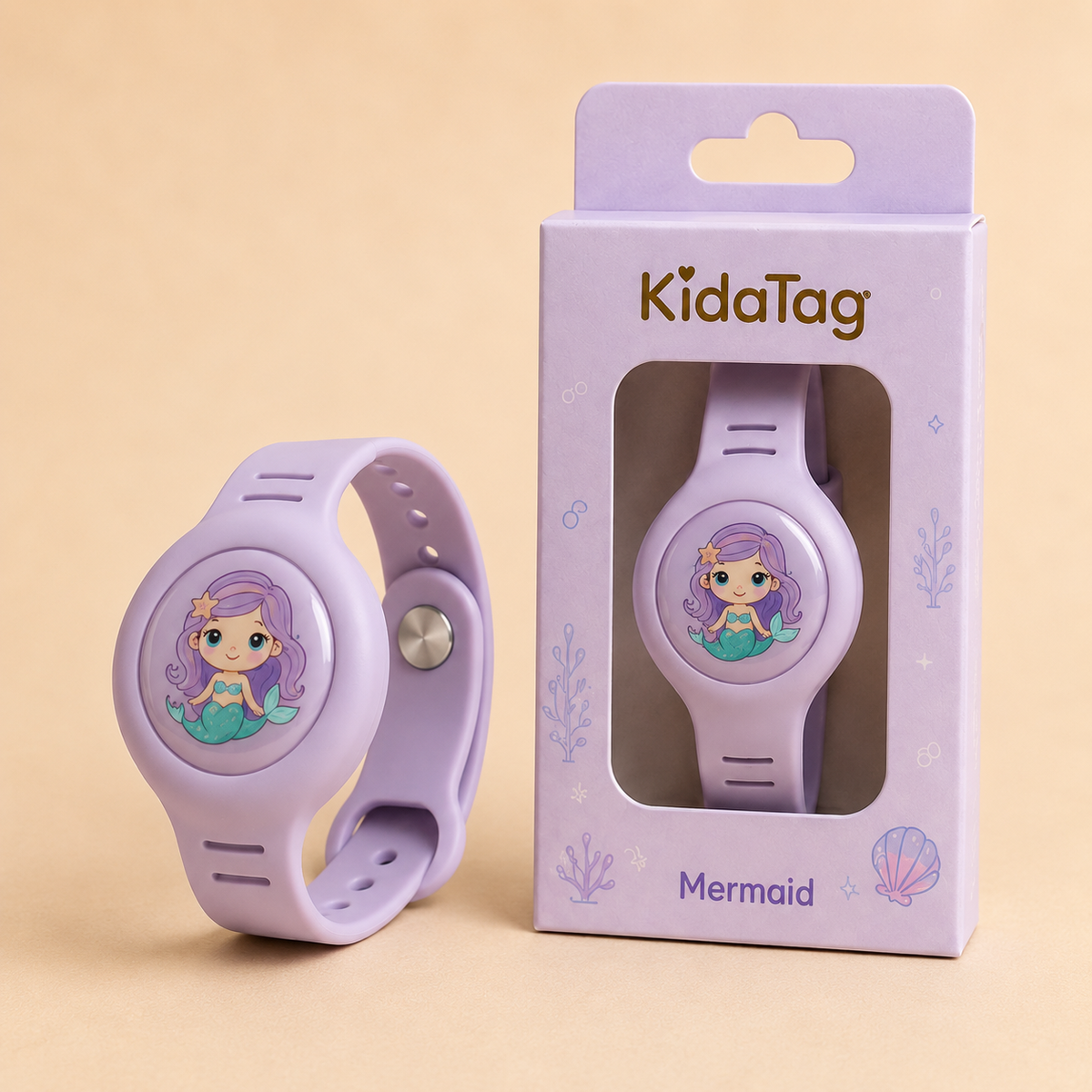 KidaTag Sirène lilas pastel avec fermeture enfant et boîte de présentation