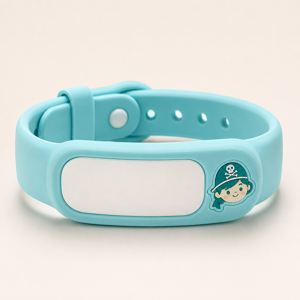KidaID bracelet d’identification enfant turquoise sur fond beige