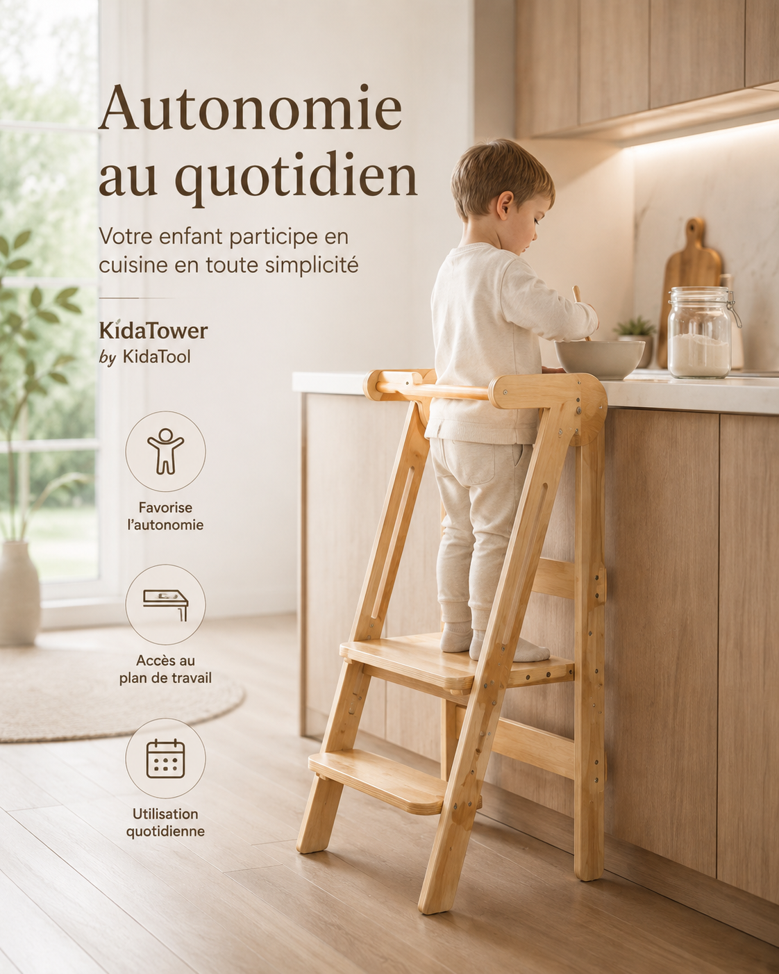 Enfant utilisant KidaTower by KidaTool dans une cuisine