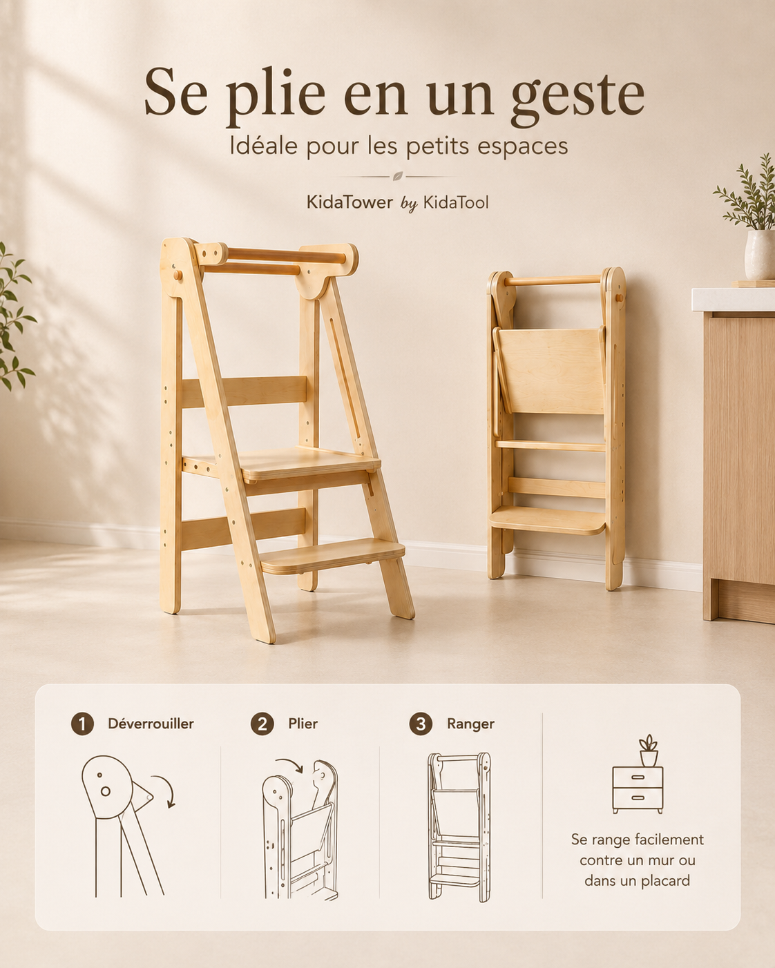 KidaTower pliable et compacte - rangement facile dans les petits espaces